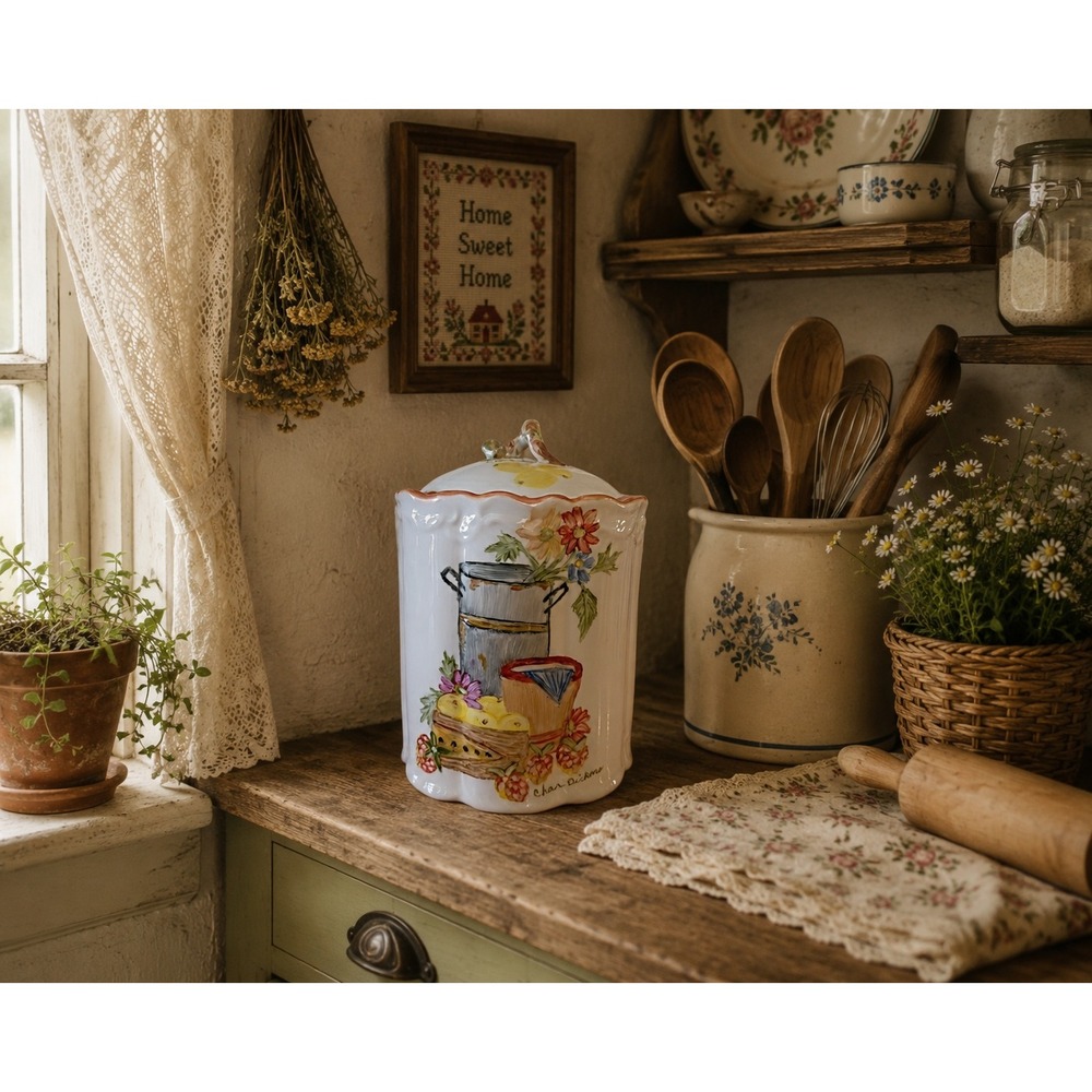 Char Dickens Vintage Hand Painted Porcelain Canister Fruit Garden Still Life